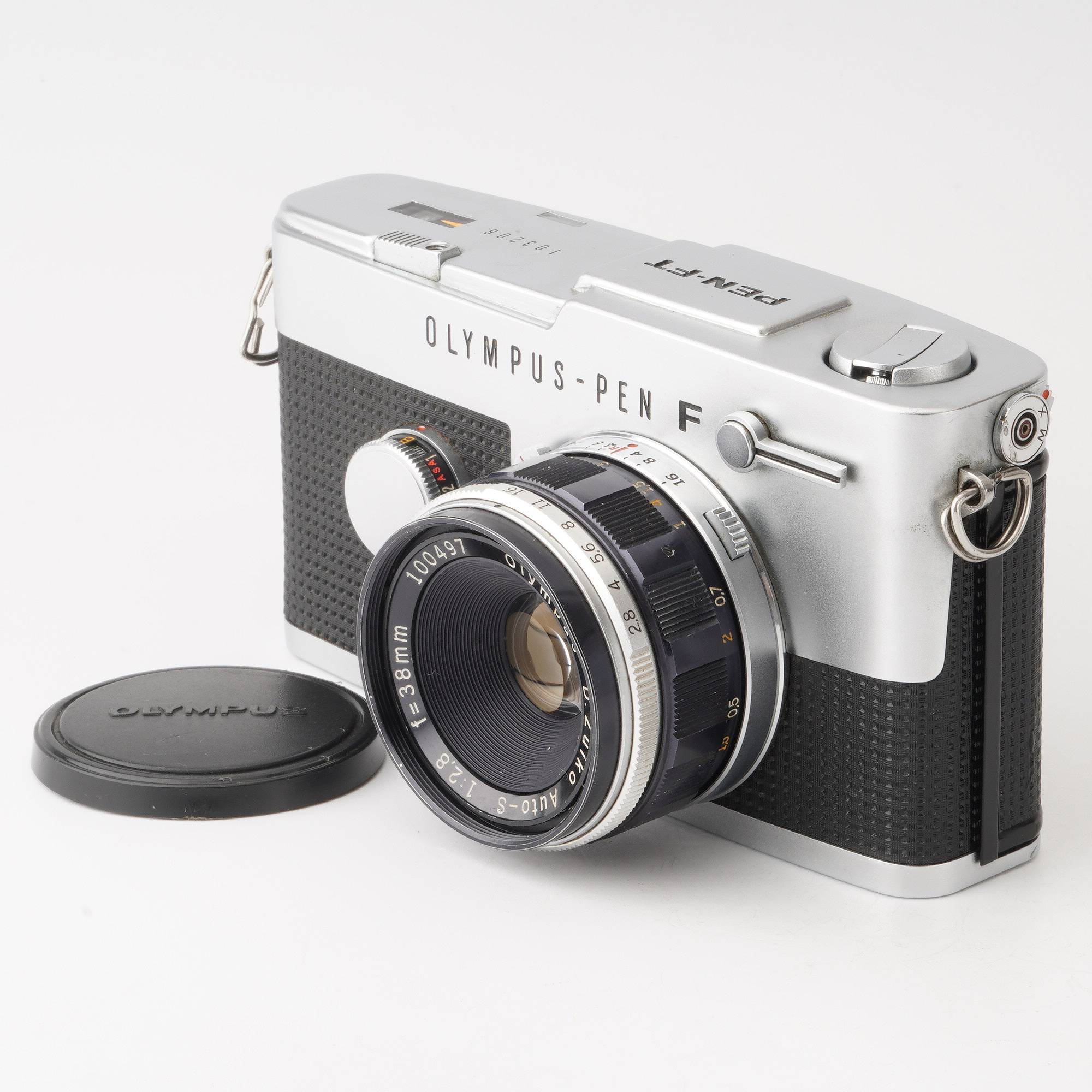 通販店を美品 OLYMPUS PEN F + 38mm f1.8 ケース付 修理・整備済 フィルムカメラ